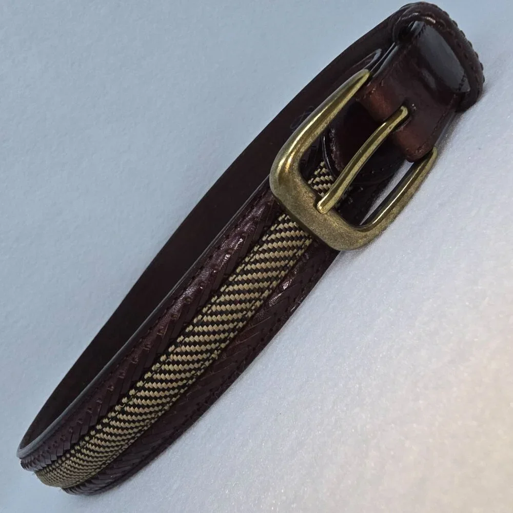 Brighton Belt P2707 Mens 36 Brown Leather Woven Inlay Brass Buckle